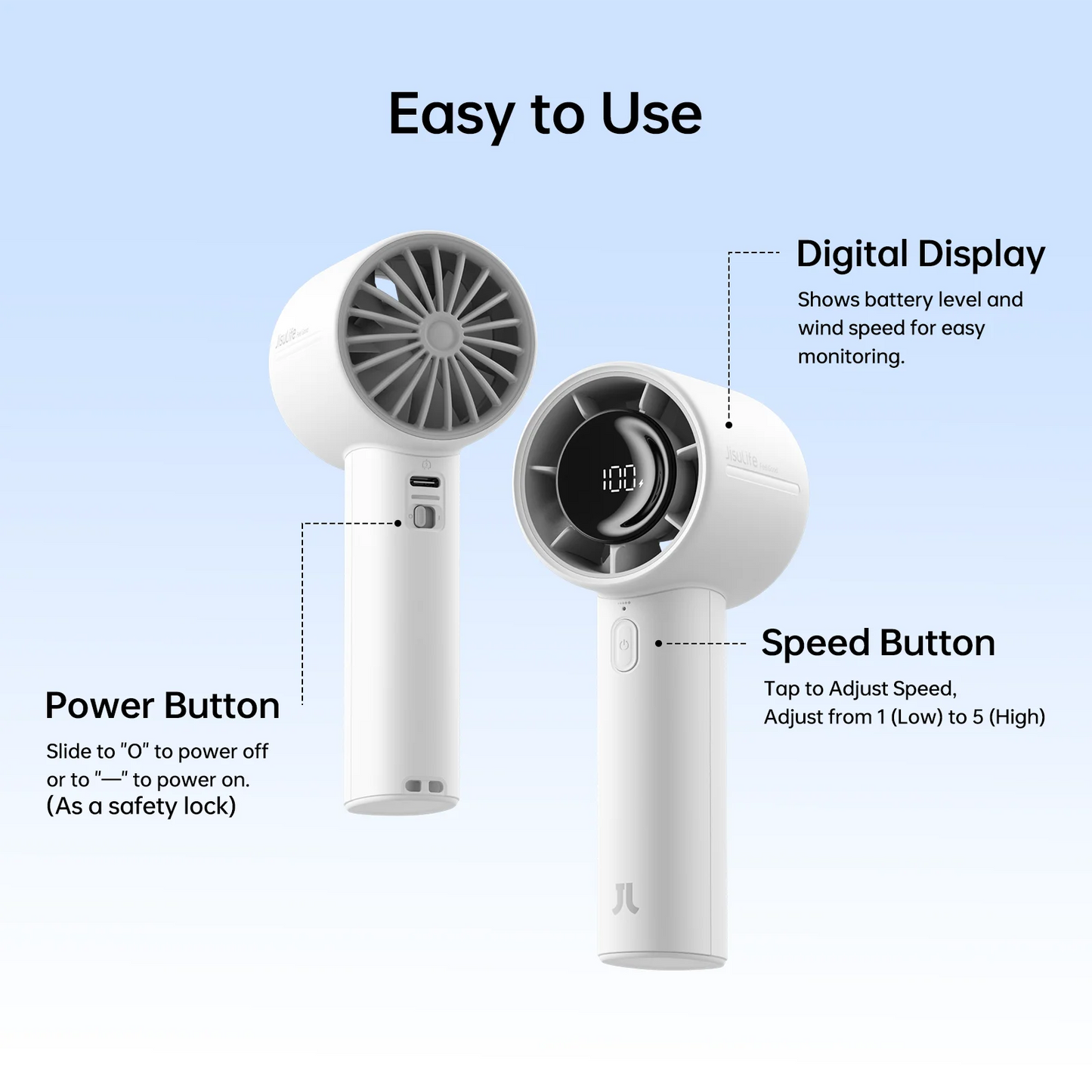 JISULIFE LIFE10s Portable Mini Fan – 5000mAh, 5-Speed, Long-Lasting