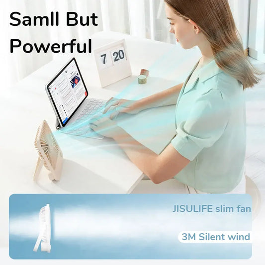 Přenosný stolní ventilátor JISULIFE – tichý, dobíjecí přes USB, 4 rychlosti