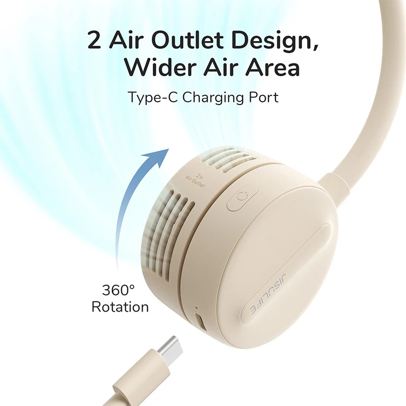 Přenosný krční ventilátor JISULIFE FA25 s USB – nastavitelný o 360°, bez lopatek, 4 rychlosti